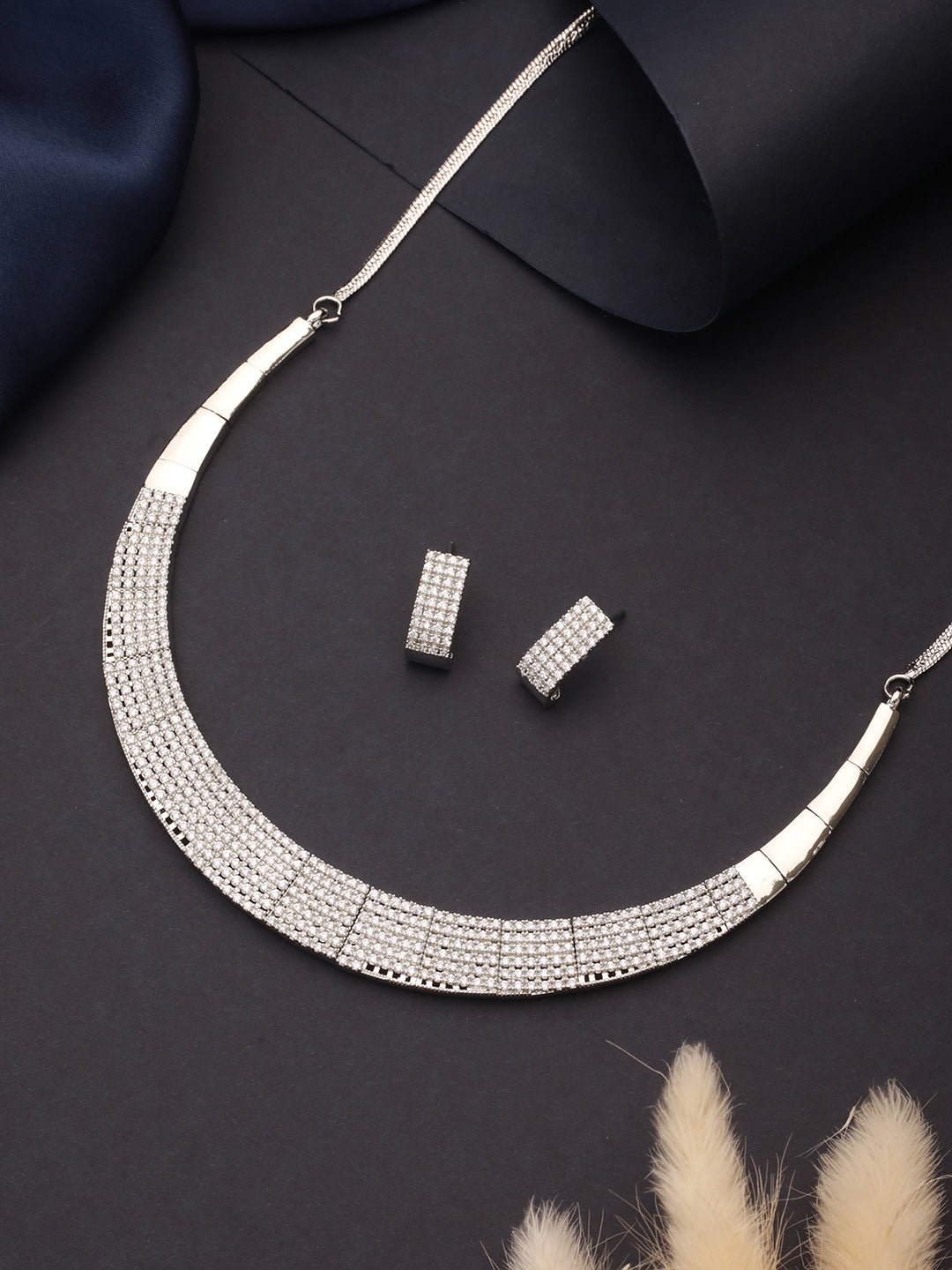 Silver Toned Zircon Studded Statement Collar Necklace Jewellery Set